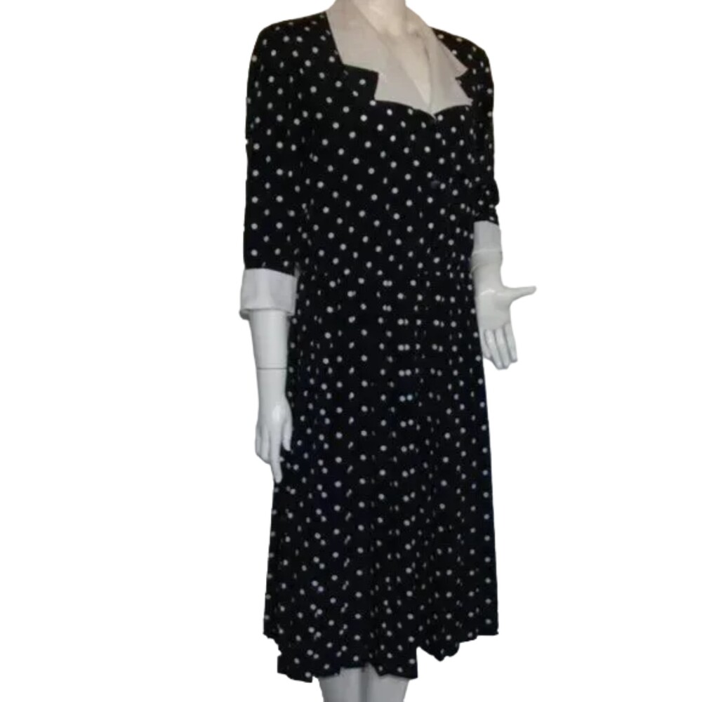 SERBIN Polka Dot Dress, 14, Navy Blue/White Polka Dots, Career, 3/4 sleeves - Picture 2 of 11